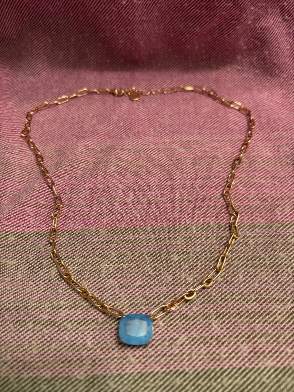 Bomb Party Gold Link Necklace with Blue Cushion Pendant with extender - Picture 2 of 3
